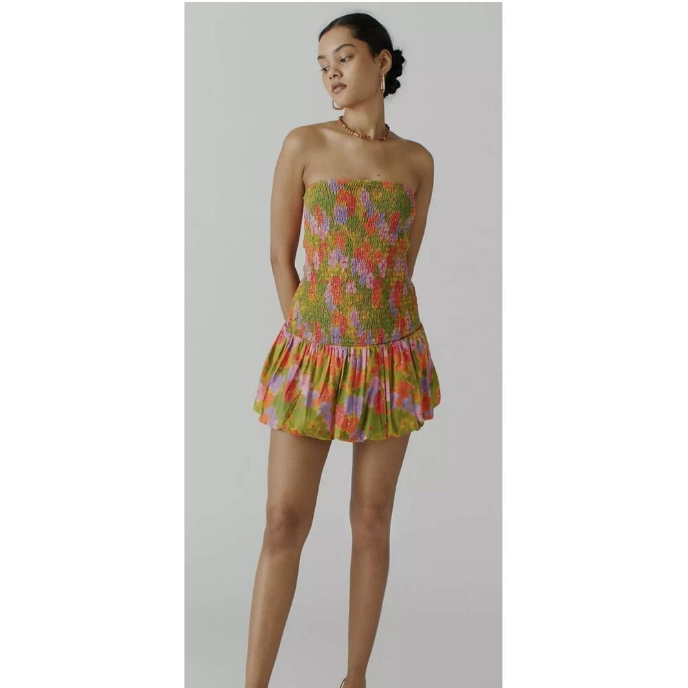 Urban Outfitters UO Claire Smocked Bubble Mini Dress Floral Print Sundress Sz XS